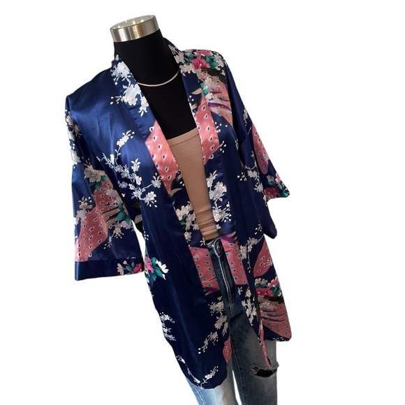Vintage satin peacock kimono robe knee length blue pink OS - Picture 2 of 15